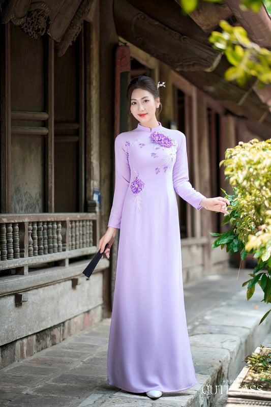 Purple B Dark 3D Ribbon Flowers 3D Chiffon Ao Dai Set