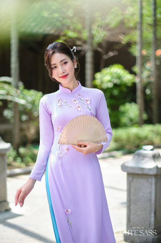 Purple A Light Leaf Ribbon 3D Chiffon Ao Dai Set|Pre-made Traditional Vietnamese Ao Dai with Pants|Lunar New Year| FL