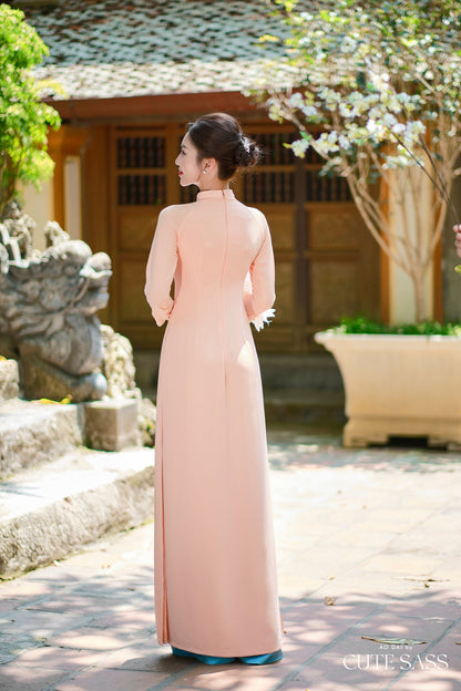 Peach A Blue Leaf Ribbon 3D Chiffon Ao Dai Set|Pre-made Traditional Vietnamese Ao Dai with Pants|Lunar New Year| FL