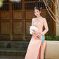 Peach A Blue Leaf Ribbon 3D Chiffon Ao Dai Set|Pre-made Traditional Vietnamese Ao Dai with Pants|Lunar New Year| FL