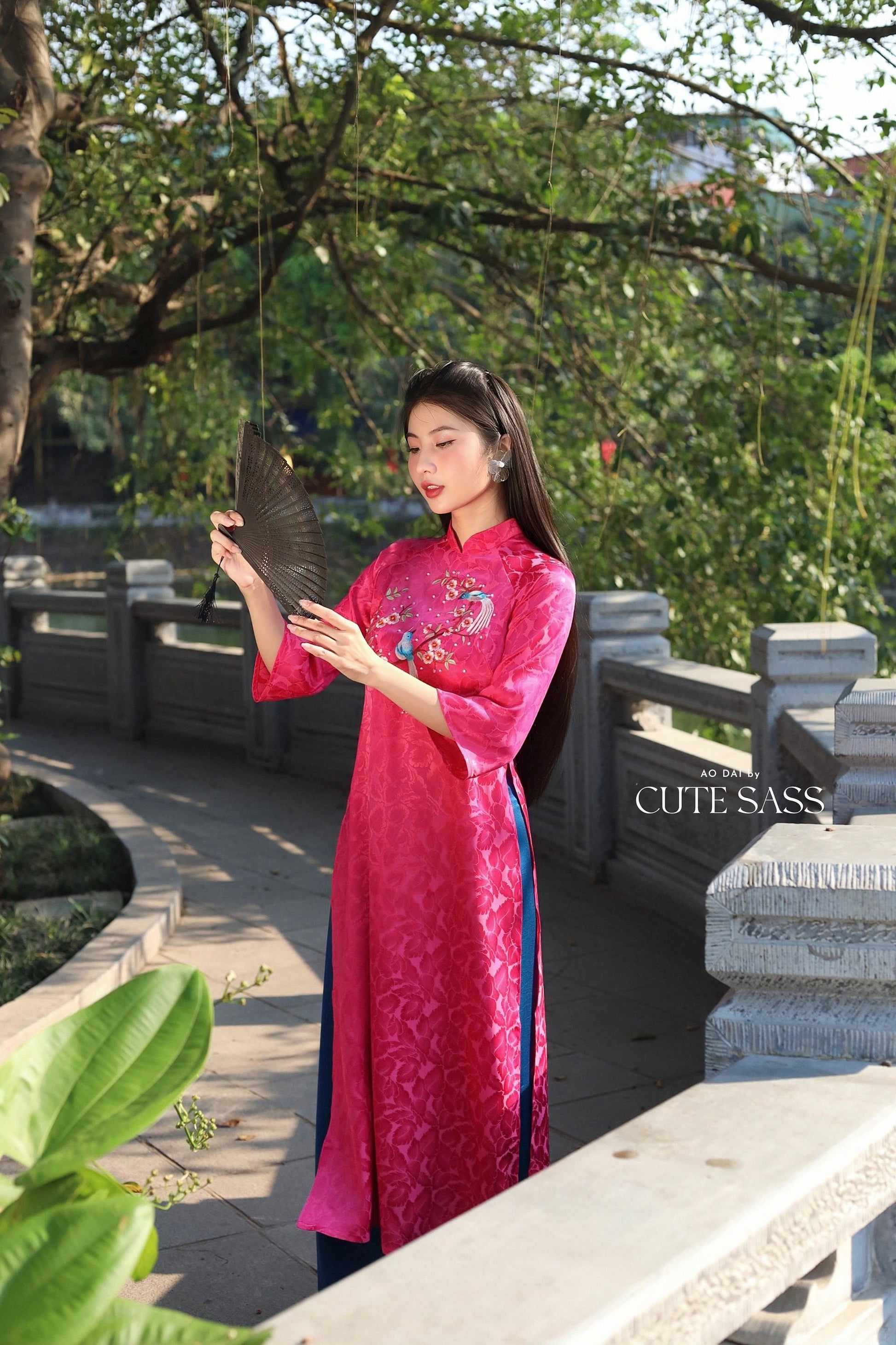 Hot Pink Sparrow Pearls Leaf Gấm Ao Dai Set w/ Light Pink Gấm Pants | Pre-made Traditional Vietnamese Ao Dai| Gam Ao Dai with Pants|10C