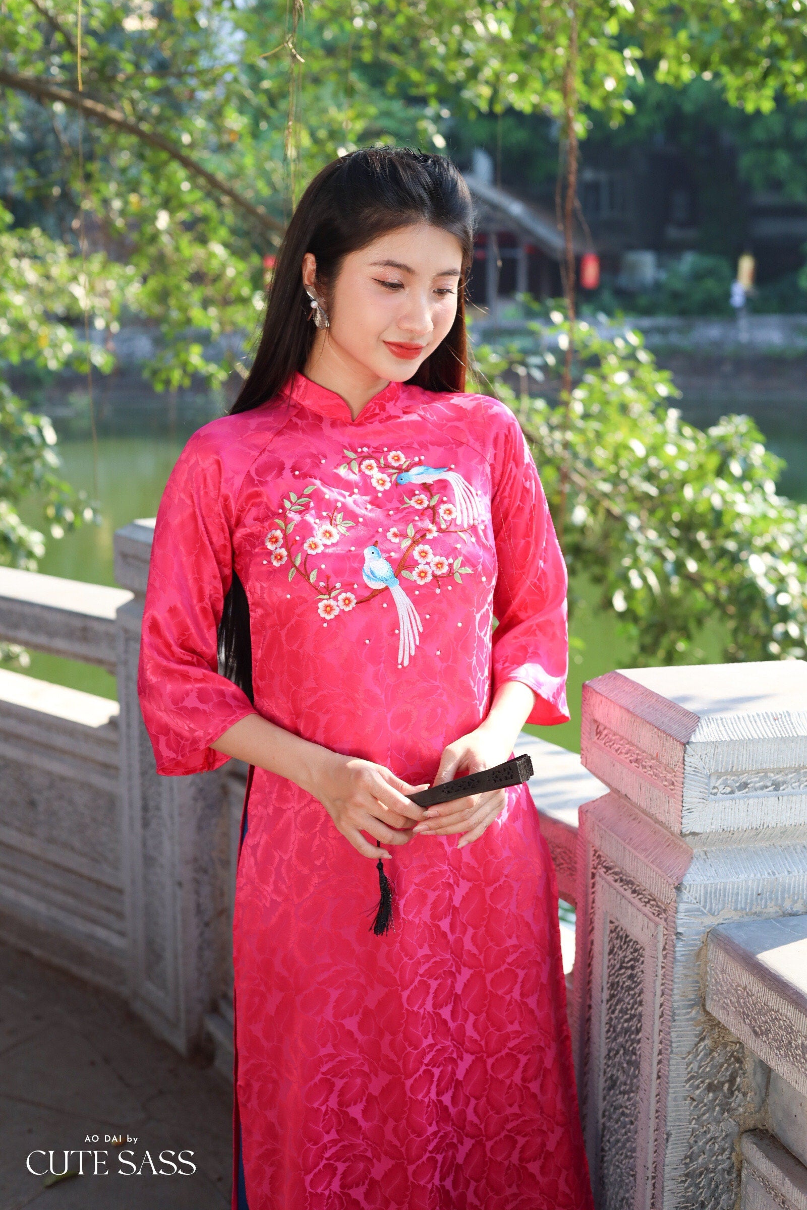 Hot Pink Sparrow Pearls Leaf Gấm Ao Dai Set w/ Light Pink Gấm Pants | Pre-made Traditional Vietnamese Ao Dai| Gam Ao Dai with Pants|10C