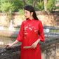 Red Blossom Embroidery Gấm Ao Dai Set w/ Blush Gấm Pants | Pre-made Traditional Vietnamese Ao Dai | Lunar New Year| Gam Ao Dai with Pants|FL