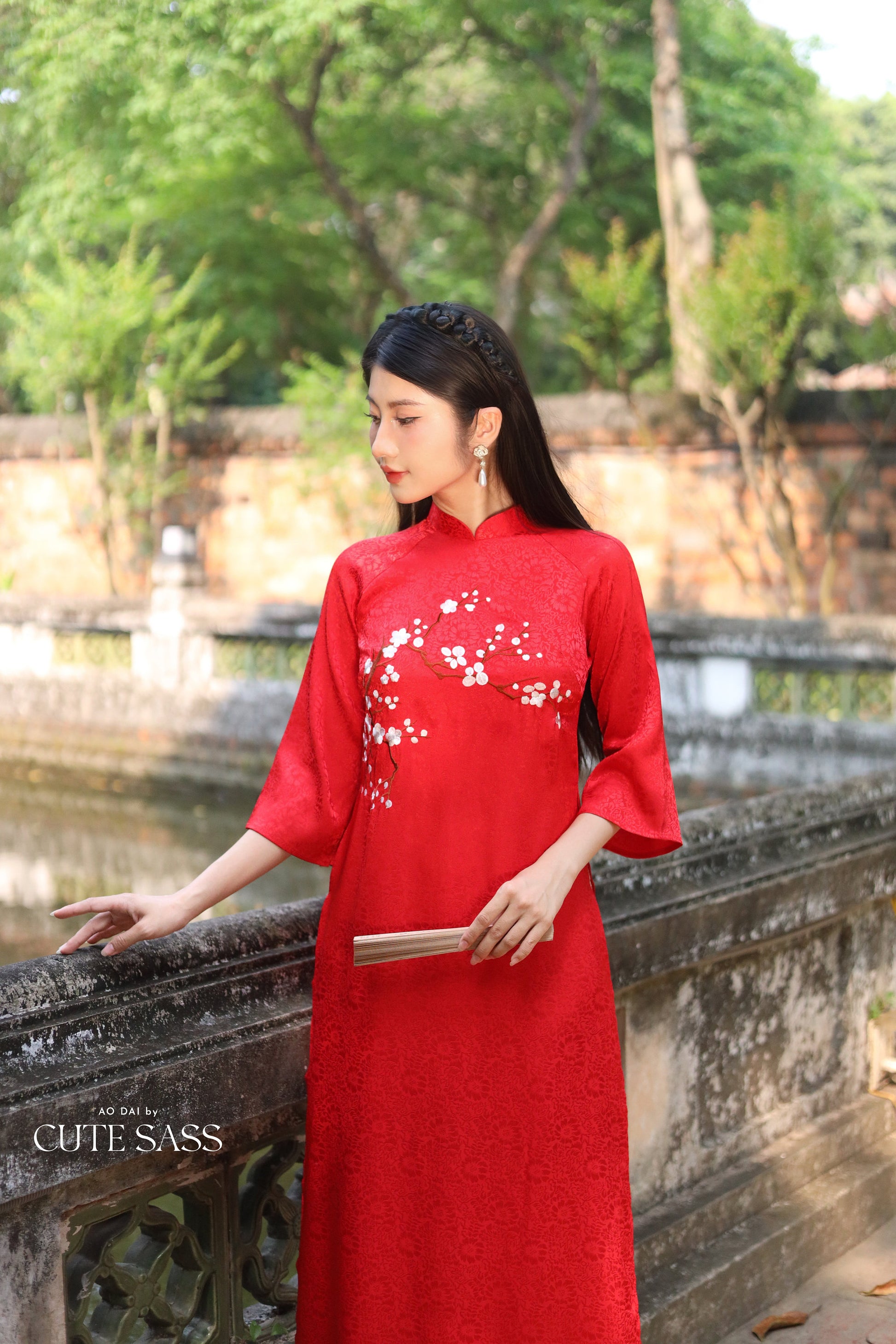 Red Blossom Embroidery Gấm Ao Dai Set w/ Blush Gấm Pants | Pre-made Traditional Vietnamese Ao Dai | Lunar New Year| Gam Ao Dai with Pants|FL