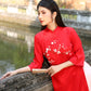 Red Blossom Embroidery Gấm Ao Dai Set w/ Blush Gấm Pants | Pre-made Traditional Vietnamese Ao Dai | Lunar New Year| Gam Ao Dai with Pants|FL