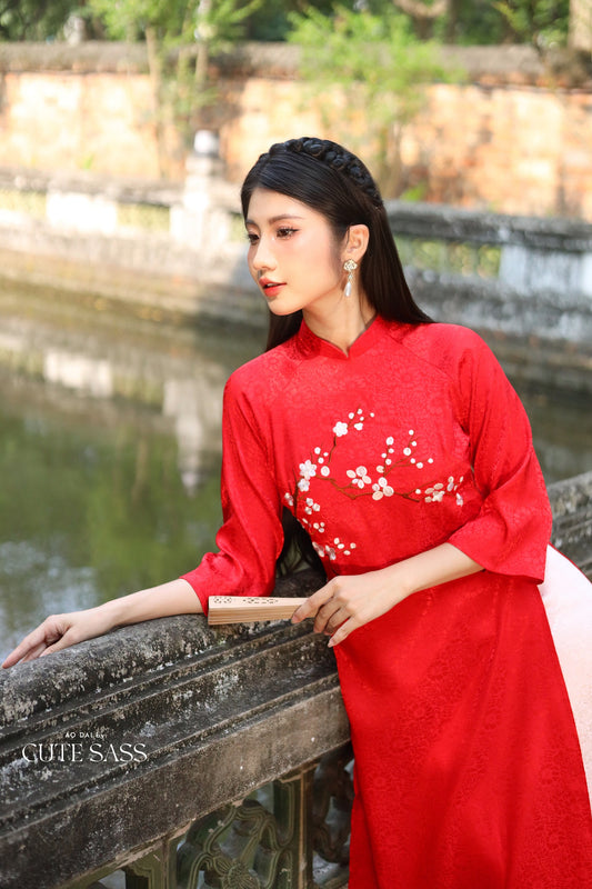 Red Blossom Embroidery Gấm Ao Dai Set w/ Blush Gấm Pants | Pre-made Traditional Vietnamese Ao Dai | Lunar New Year| Gam Ao Dai with Pants|FL