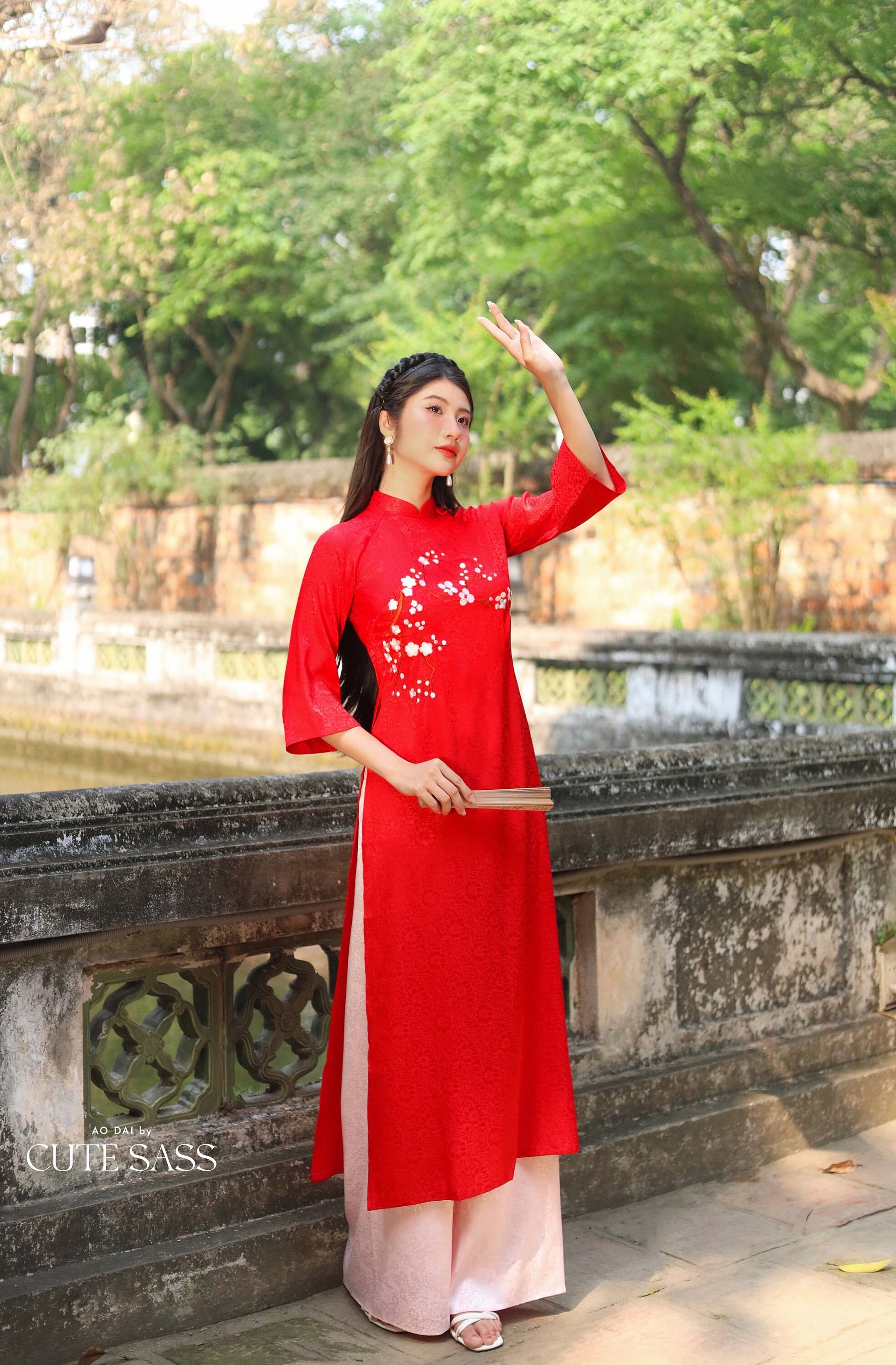 Red Blossom Embroidery Gấm Ao Dai Set w/ Blush Gấm Pants | Pre-made Traditional Vietnamese Ao Dai | Lunar New Year| Gam Ao Dai with Pants|FL