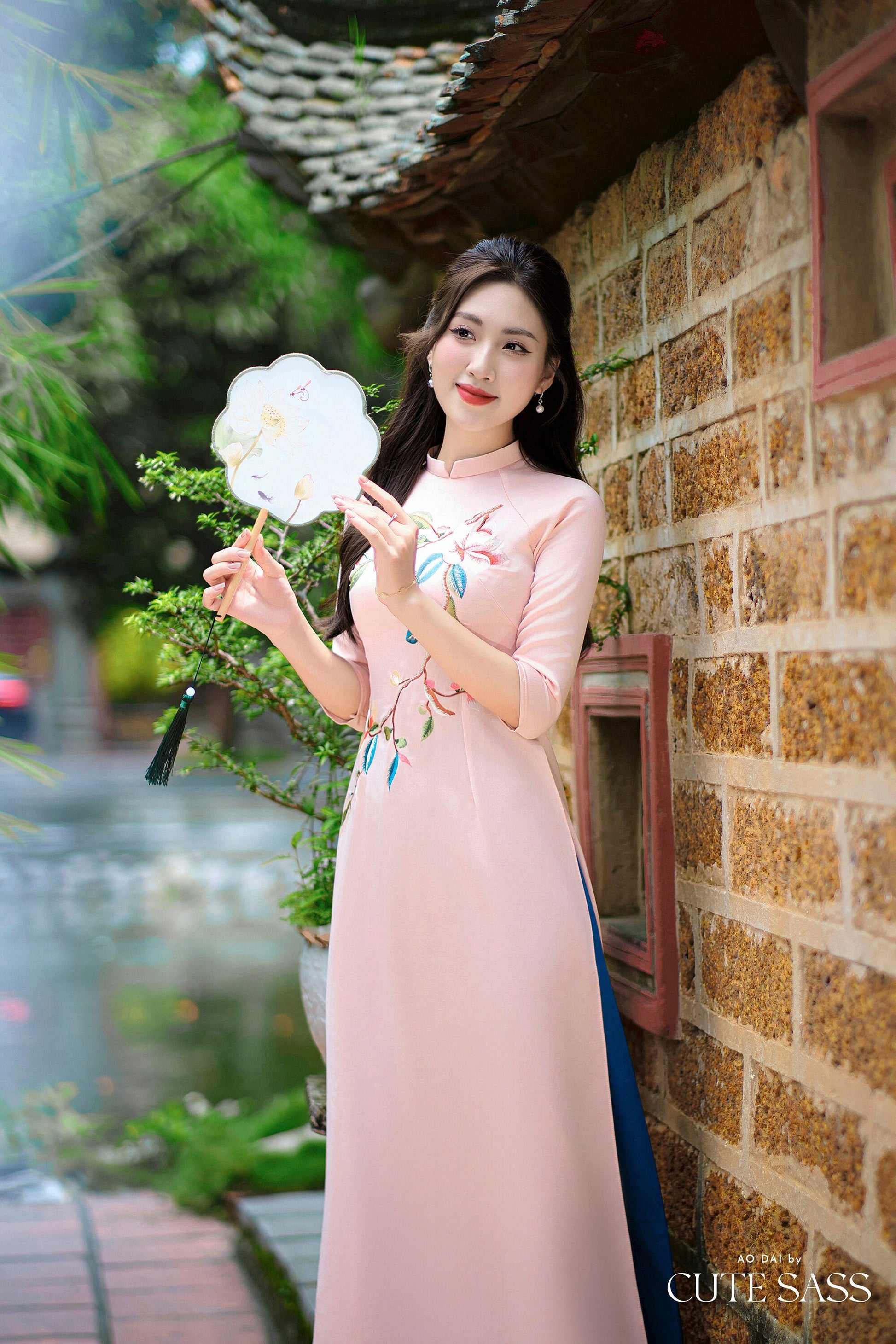 Blush Plumeria Embroidery Ao Dai Set | Pre-made Traditional Vietnamese Women Ao Dai with Pants |Lunar New Year|Ao Dai Truyen Thong |FL