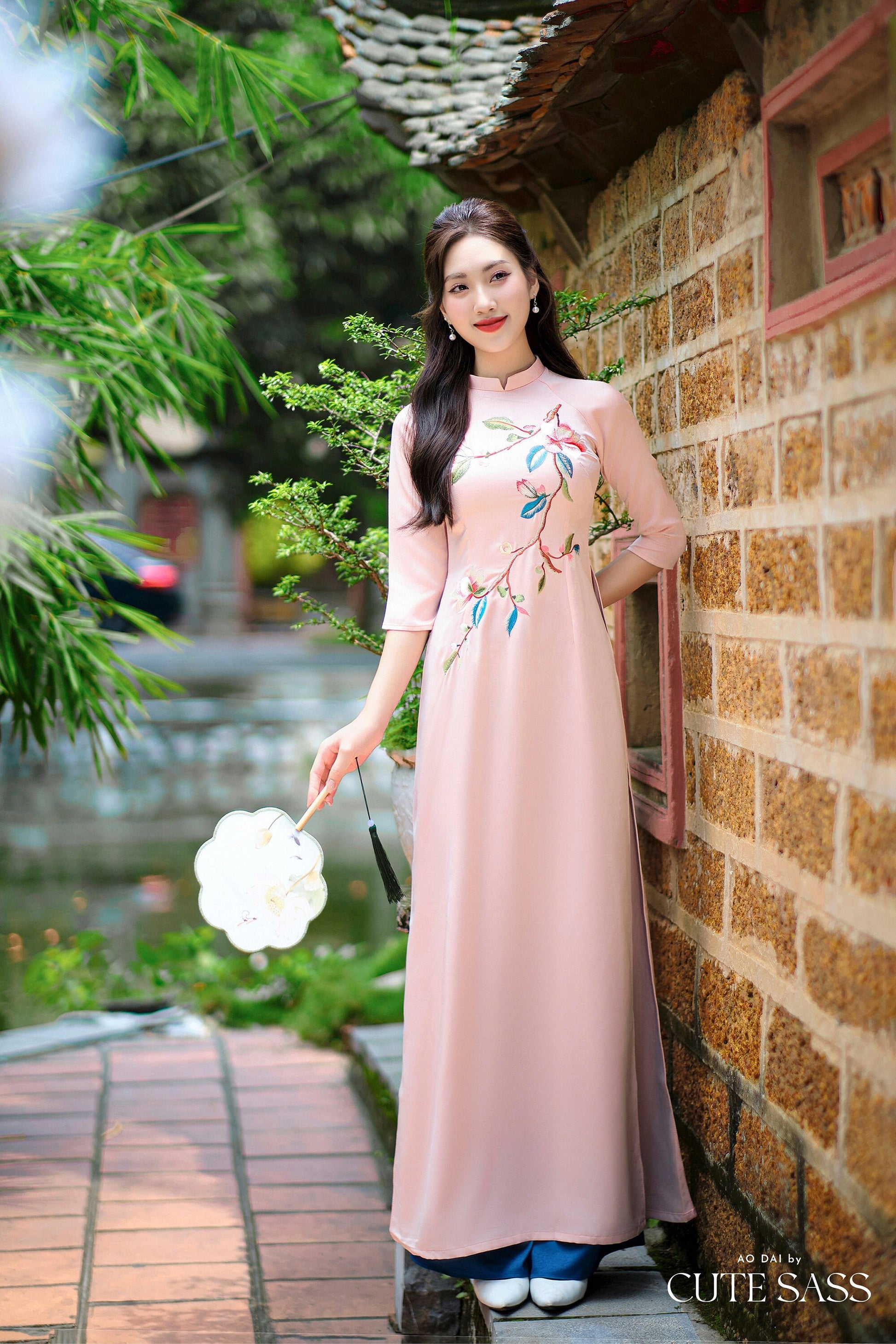 Blush Plumeria Embroidery Ao Dai Set | Pre-made Traditional Vietnamese Women Ao Dai with Pants |Lunar New Year|Ao Dai Truyen Thong |FL