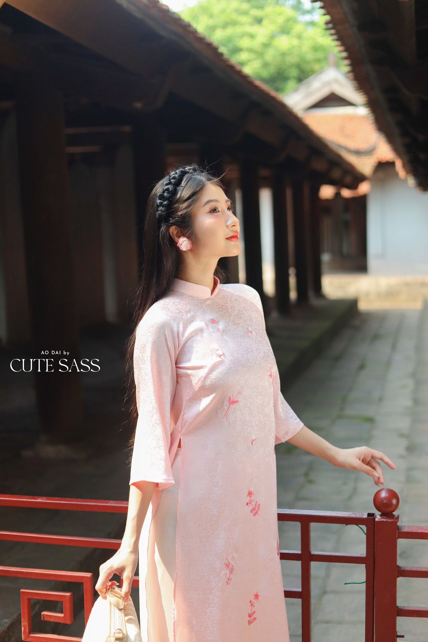 Light Pink Sakura Pearl Gấm Ao Dai Set w/ Hot Pink Gấm Pants