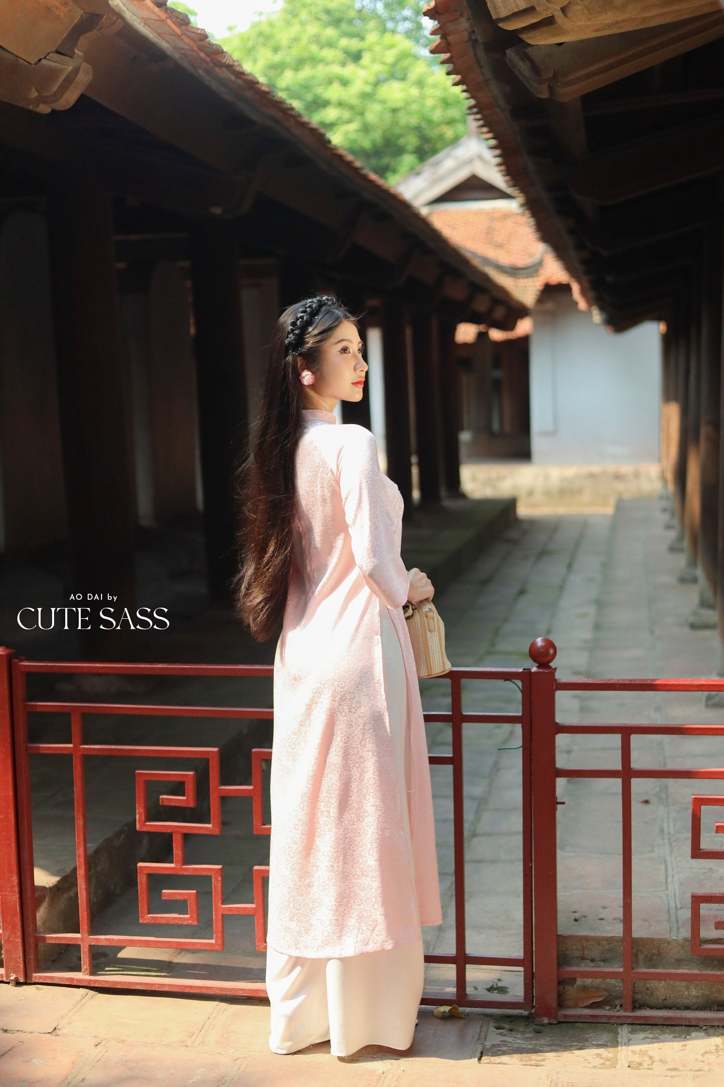 Light Pink Sakura Pearl Gấm Ao Dai Set w/ Hot Pink Gấm Pants