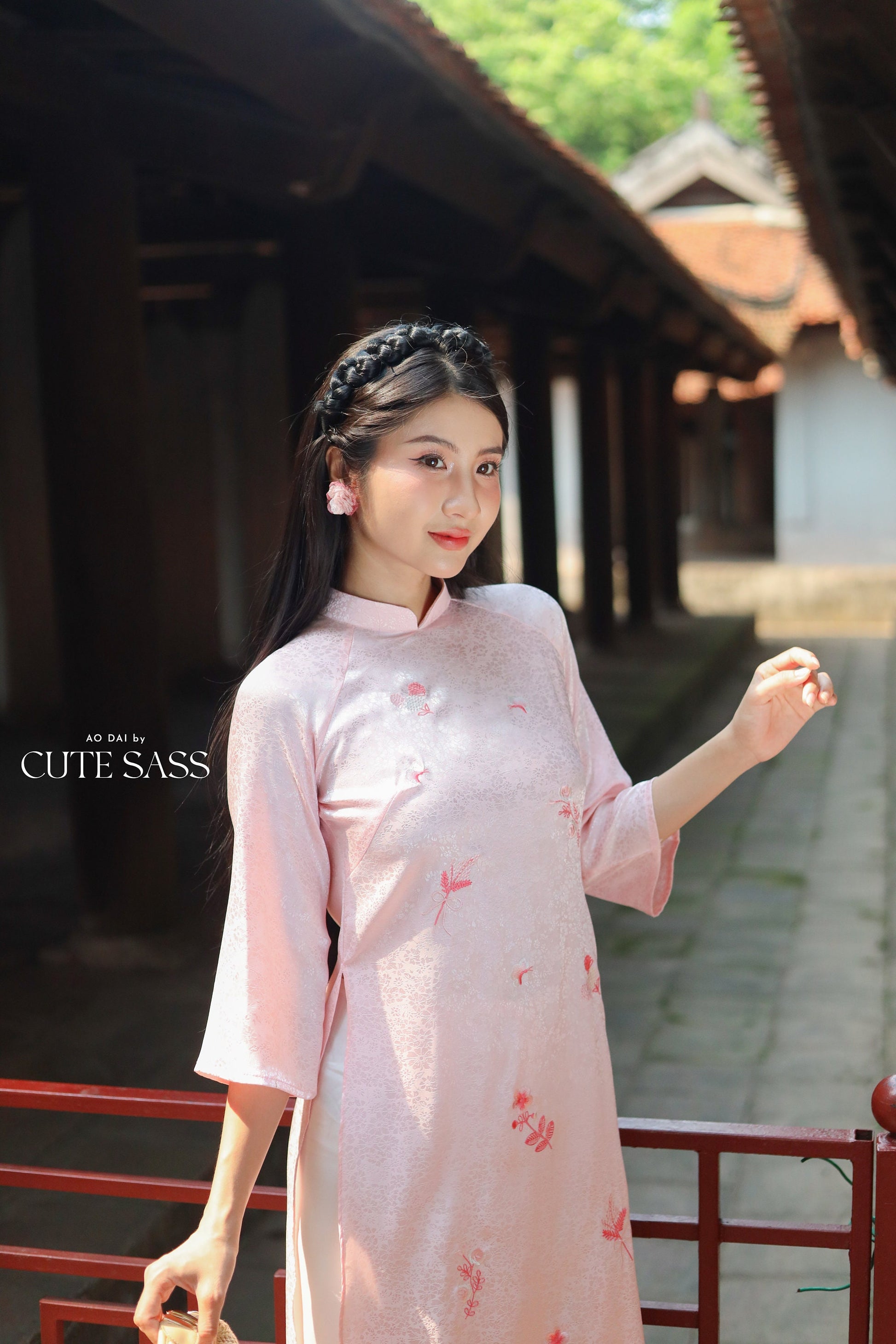 Light Pink Sakura Pearl Gấm Ao Dai Set w/ Hot Pink Gấm Pants