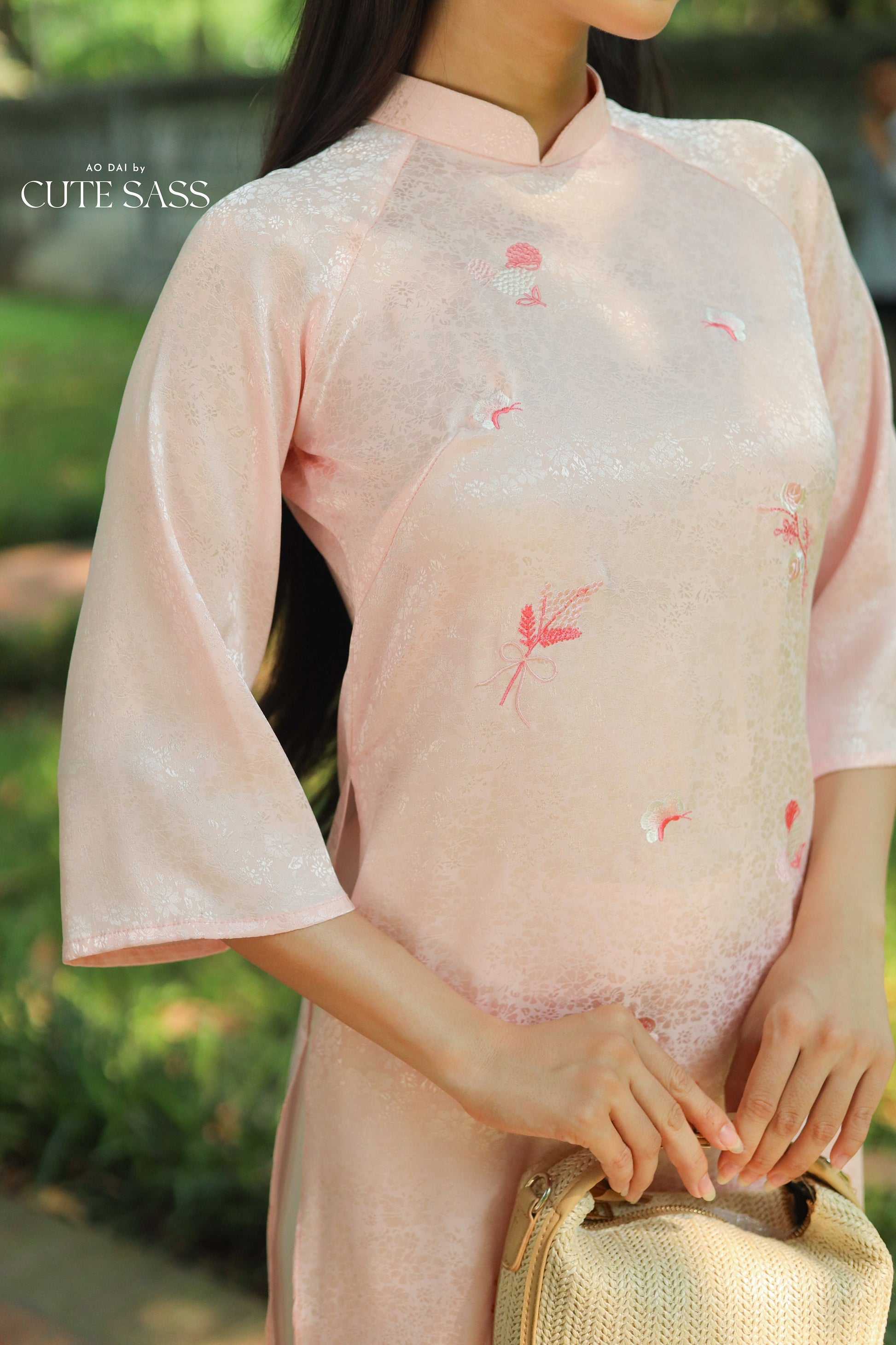 Light Pink Sakura Pearl Gấm Ao Dai Set w/ Hot Pink Gấm Pants