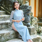 Shifted Blue Chiffon Embroidery Lilac Ao Dai Top Only, NO PANTS |Pre-made Modernized Vietnamese Ao Dai|Pastel Ao Dai |Lunar New Year|FL