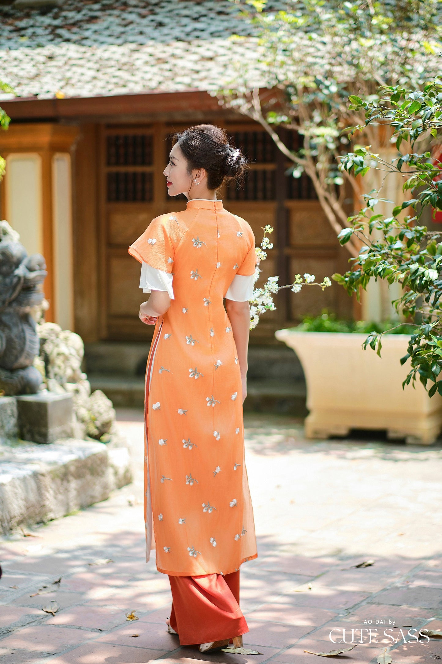 Shifted Orange Chiffon Wing Sleeves Ao Dai Top Only, NO PANTS |Pre-made Modernized Vietnamese Ao Dai|Pastel Ao Dai |Lunar New Year|FL