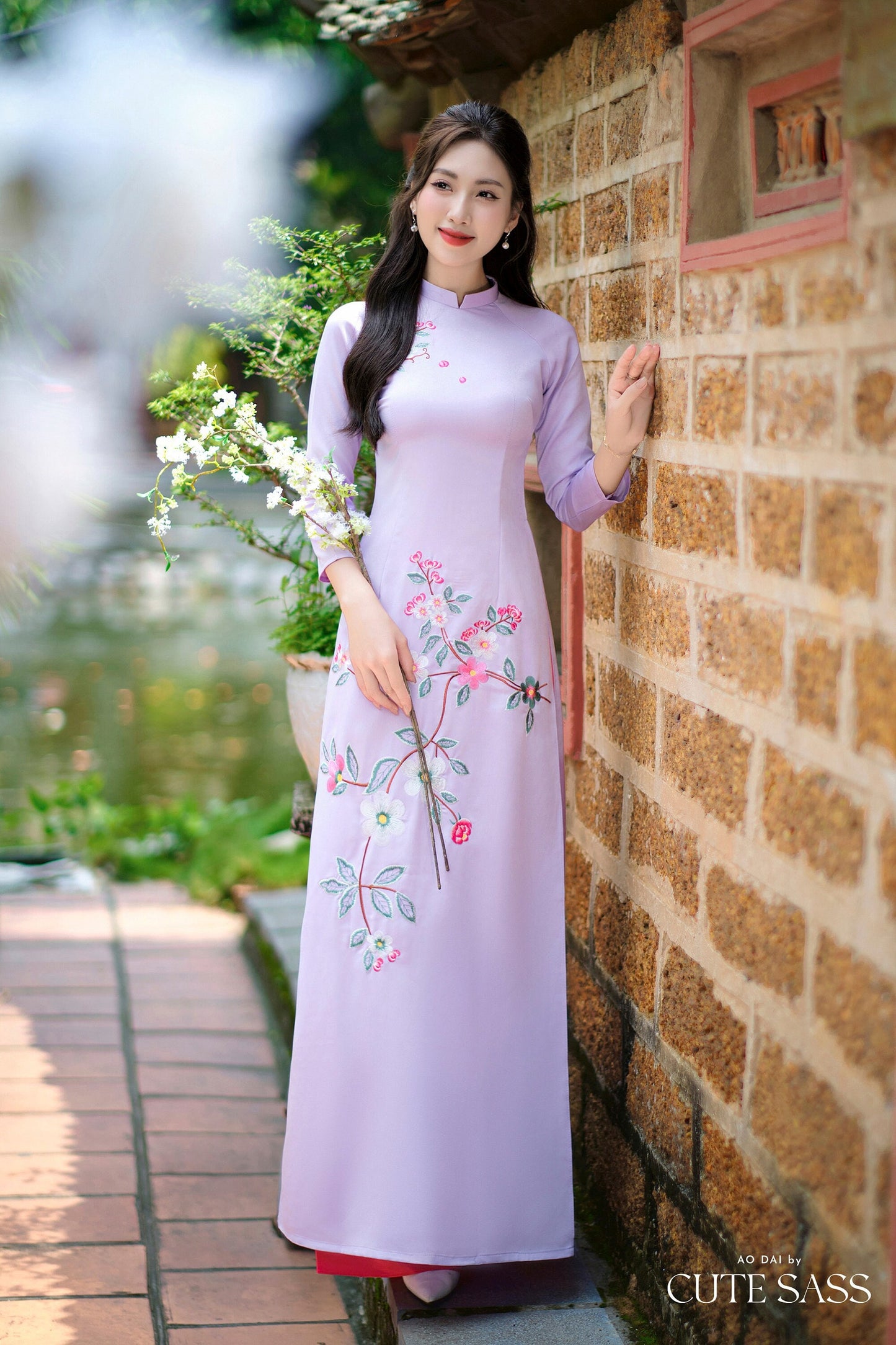 Purple Branches Silk Embroidery Ao Dai Set