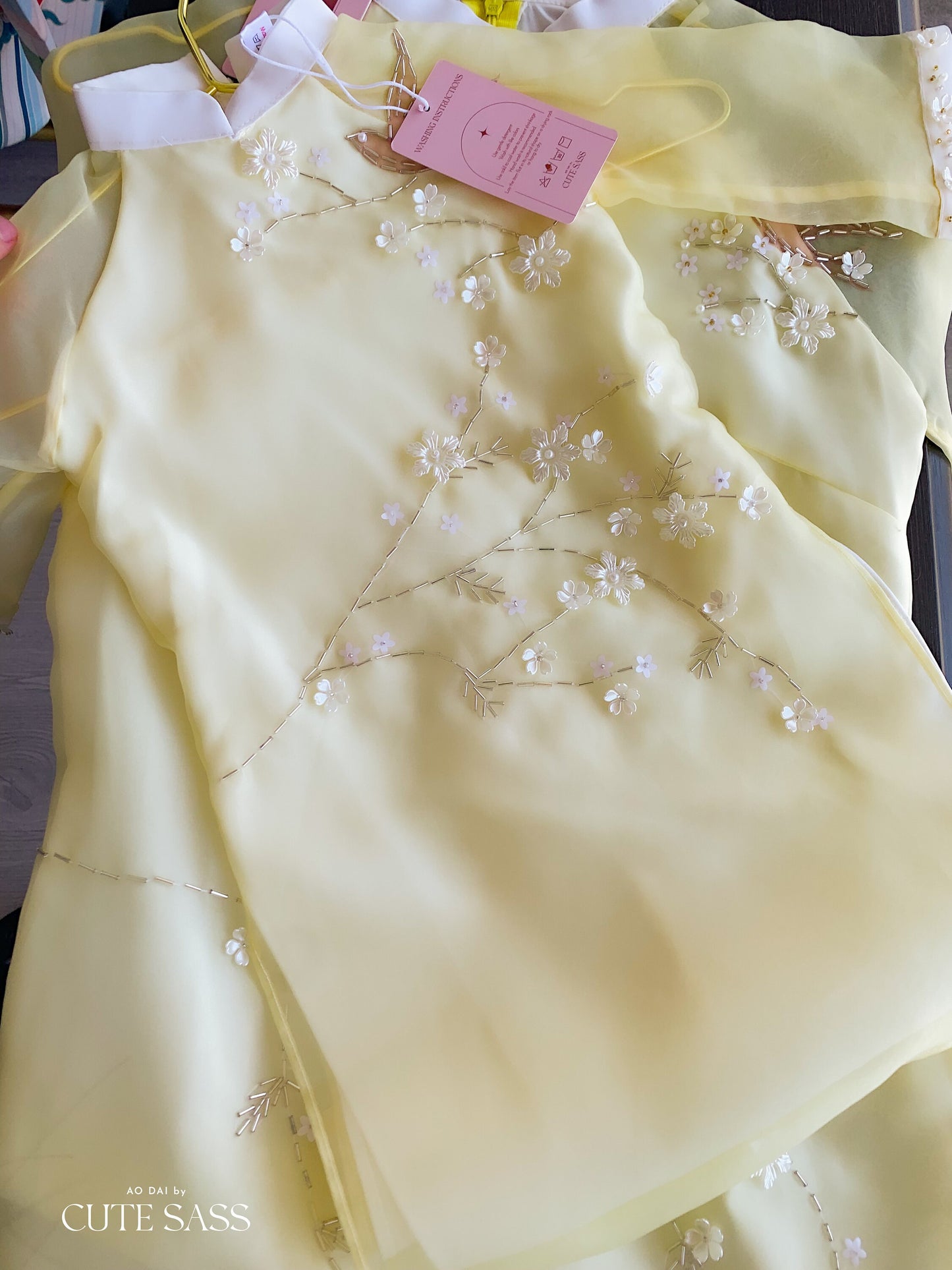 Mom and Daughter Yellow Branches Sparkles Ao Dai Set| Pre-made Traditional Vietnamese Ao Dai | Lunar New Year | Ao Dai for Girl, Mom|FL