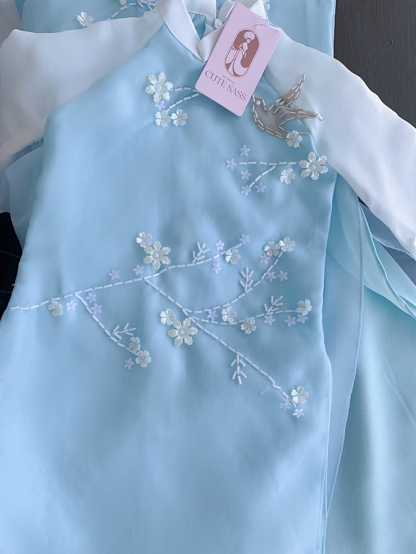 Mom and Daughter Blue Branches Slit Sparkles Ao Dai Set| Pre-made Traditional Vietnamese Ao Dai | Lunar New Year | Ao Dai for Girl, Mom|FL