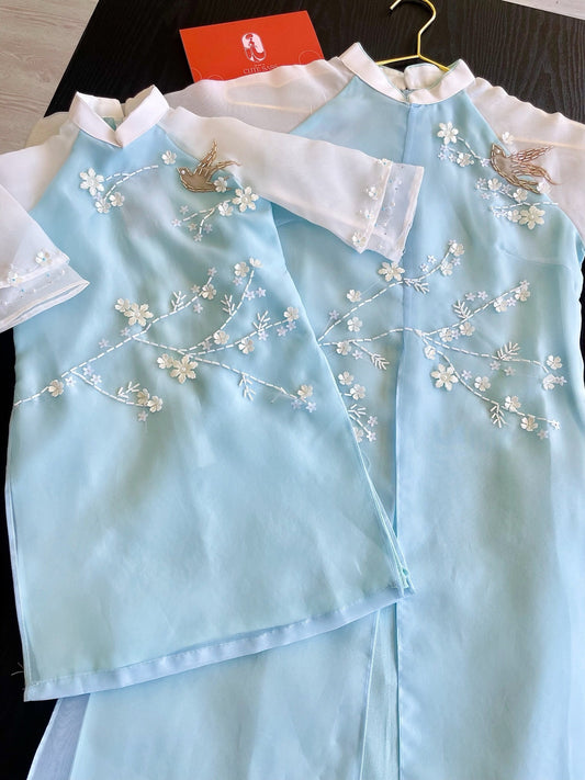 Mom and Daughter Blue Branches Slit Sparkles Ao Dai Set| Pre-made Traditional Vietnamese Ao Dai | Lunar New Year | Ao Dai for Girl, Mom|FL