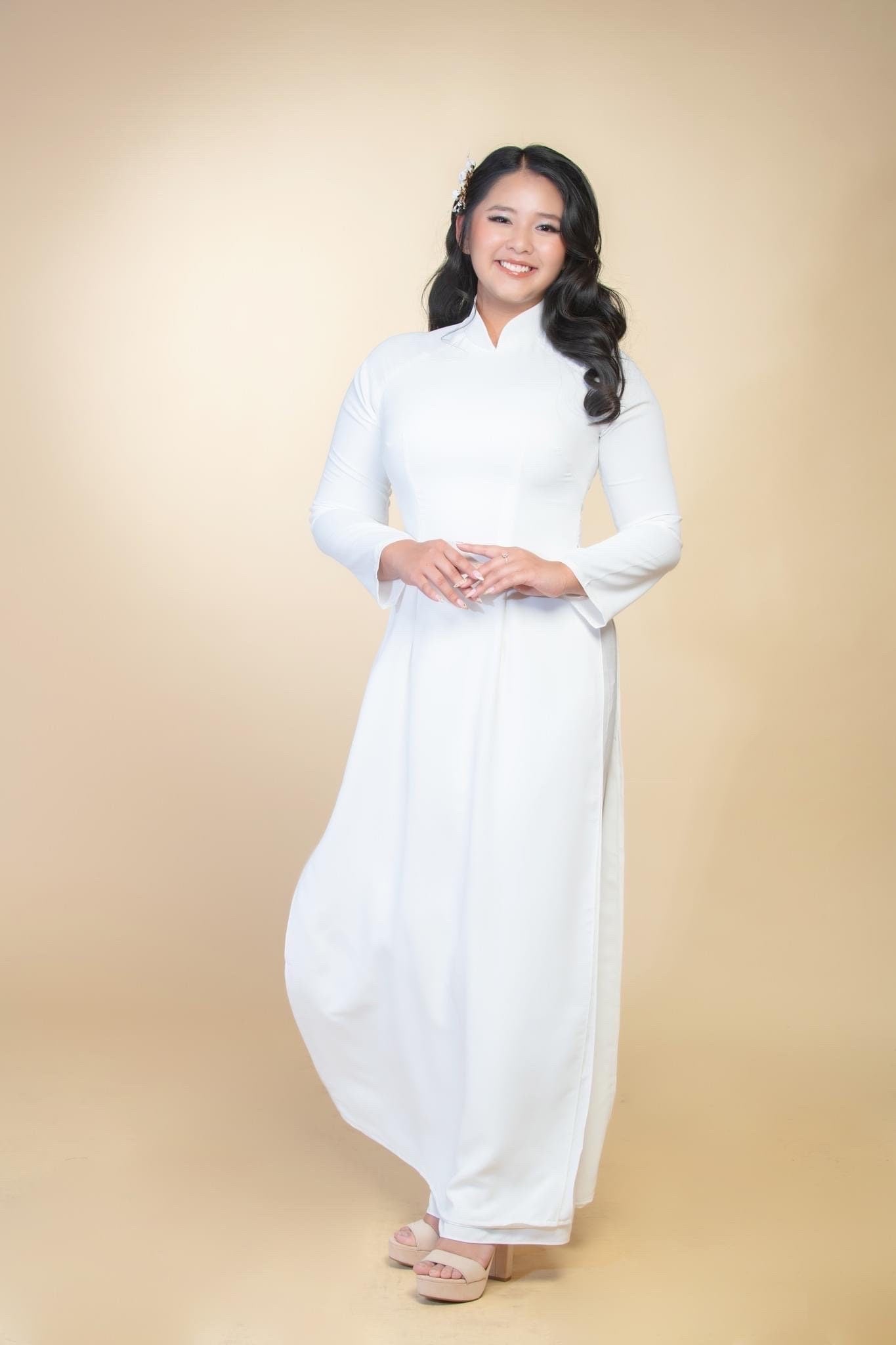 White Chiffon Plain High Collar Ao Dai Top, NO PANTS | Pre-made Traditional Vietnamese Ao Dai | Lunar New Year | Ao Dai Trang |25C