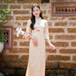 Beige Branches Embroidery Gấm Ao Dai Set w/ Red Gấm Pants | Pre-made Traditional Vietnamese Ao Dai| Gam Ao Dai with Pants|FL