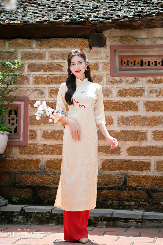 Beige Branches Embroidery Gấm Ao Dai Set w/ Red Gấm Pants | Pre-made Traditional Vietnamese Ao Dai| Gam Ao Dai with Pants|FL