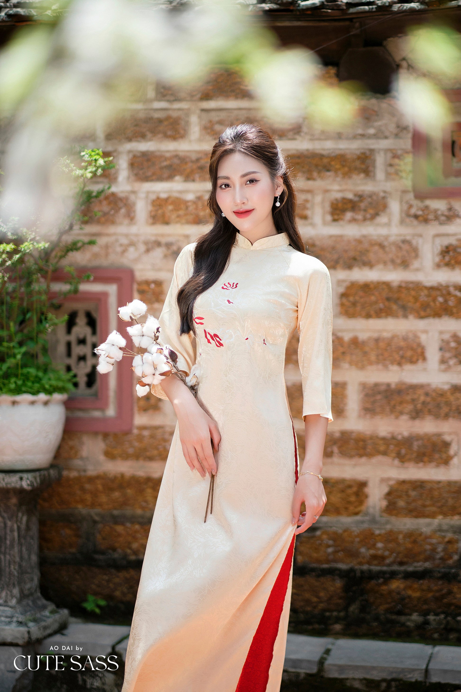 Beige Branches Embroidery Gấm Ao Dai Set w/ Red Gấm Pants 13E