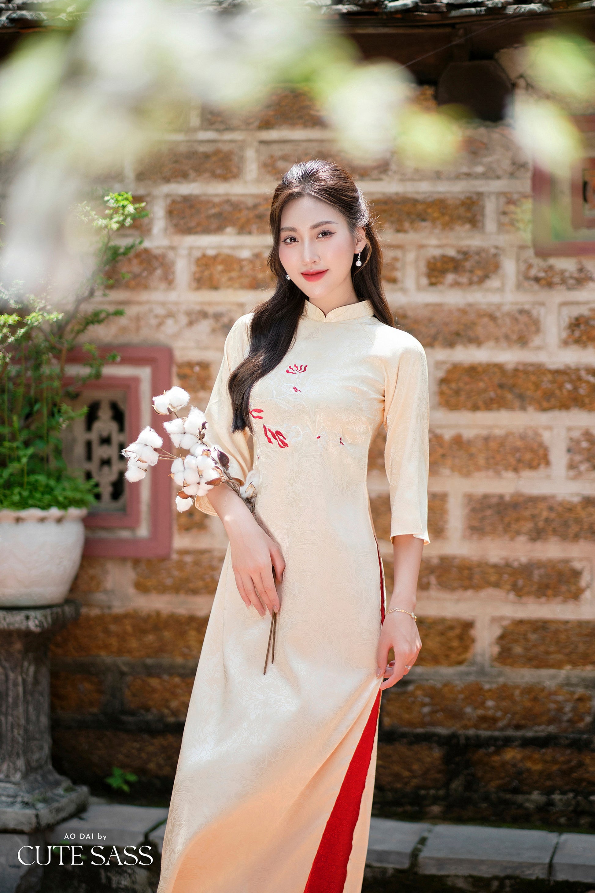 Beige Branches Embroidery Gấm Ao Dai Set w/ Red Gấm Pants | Pre-made Traditional Vietnamese Ao Dai| Gam Ao Dai with Pants|FL