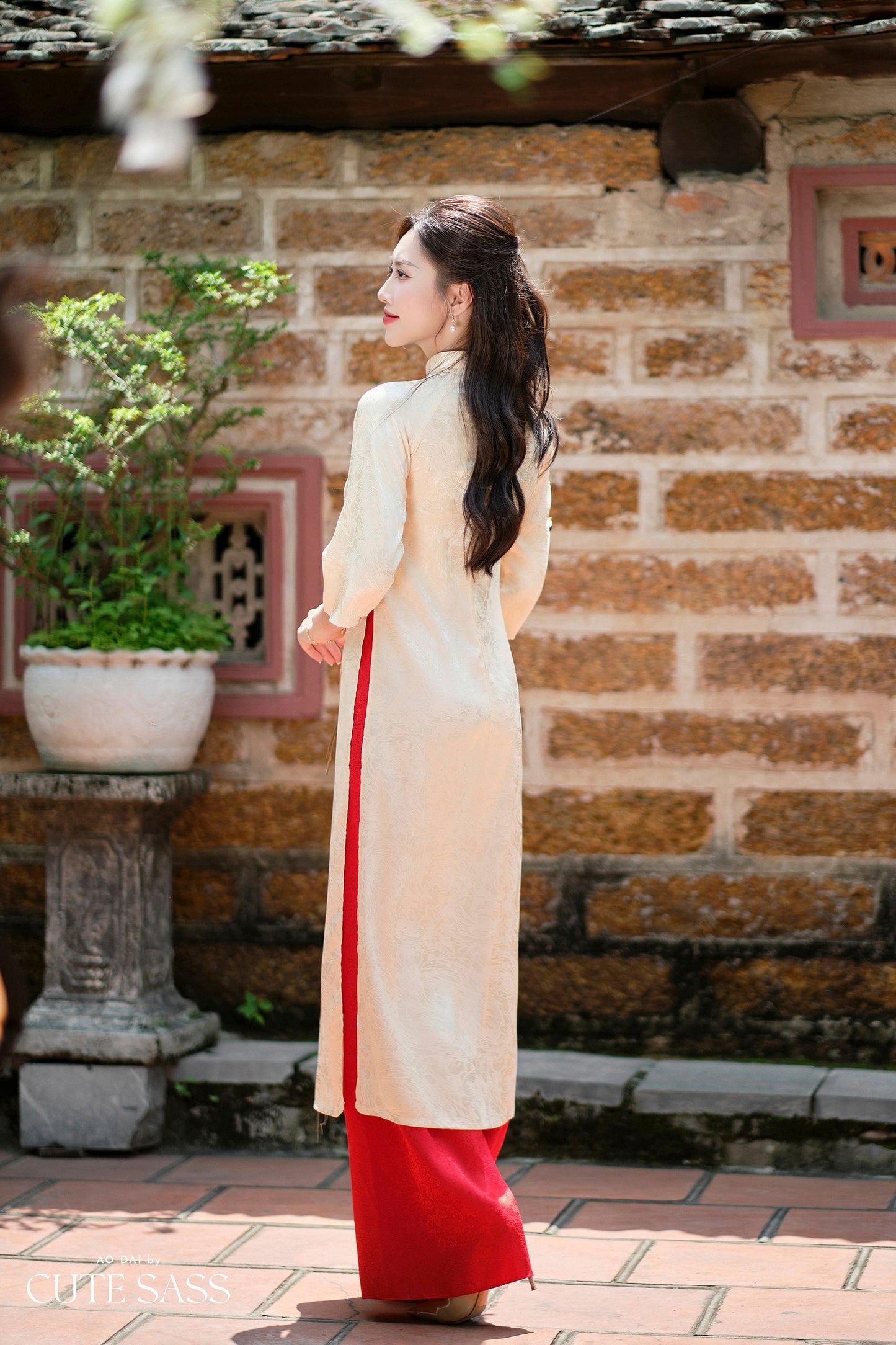 Beige Branches Embroidery Gấm Ao Dai Set w/ Red Gấm Pants | Pre-made Traditional Vietnamese Ao Dai| Gam Ao Dai with Pants|FL