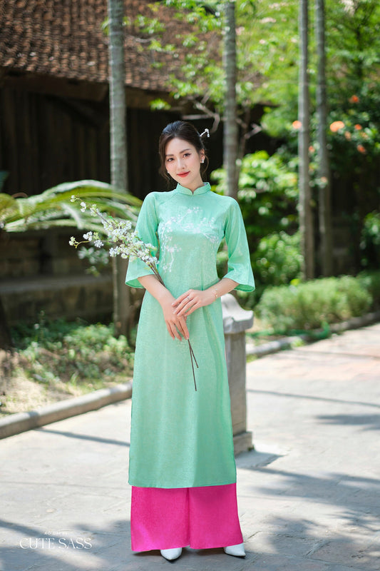 Mint Green Mai Embroidery Gấm Ao Dai Set w/ Hot Pink Gấm Pants