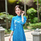 Prussian Blue Mai Embroidery Gấm Ao Dai Set w/ Hot Pink Gấm Pants