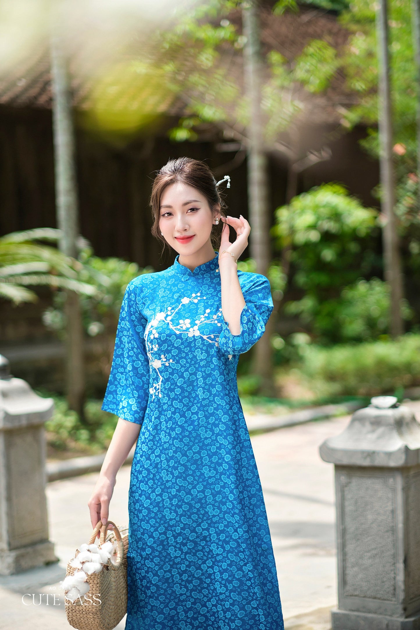 Prussian Blue Mai Embroidery Gấm Ao Dai Set w/ Hot Pink Gấm Pants