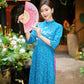 Prussian Blue Mai Embroidery Gấm Ao Dai Set w/ Hot Pink Gấm Pants