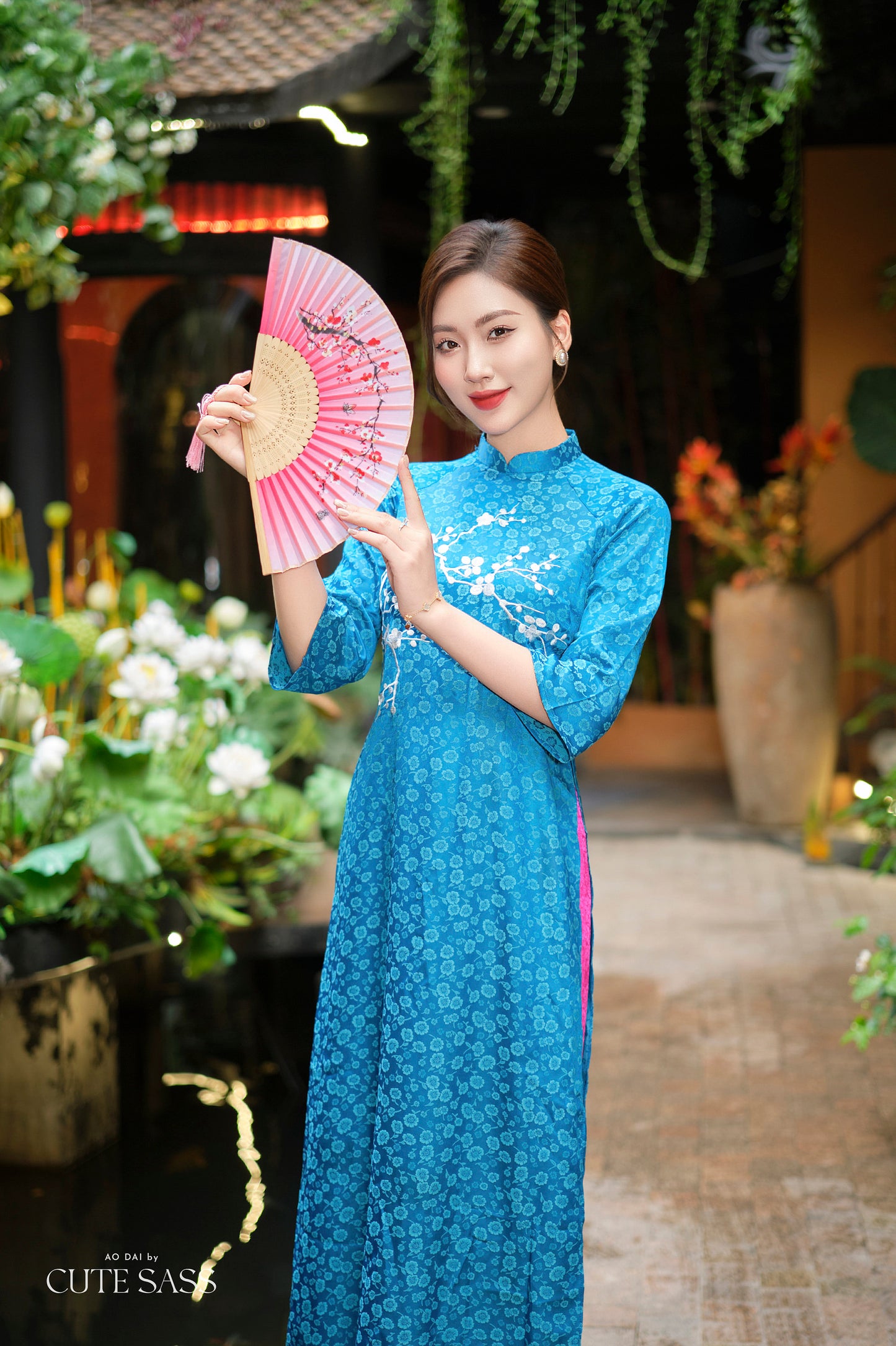 Prussian Blue Mai Embroidery Gấm Ao Dai Set w/ Hot Pink Gấm Pants