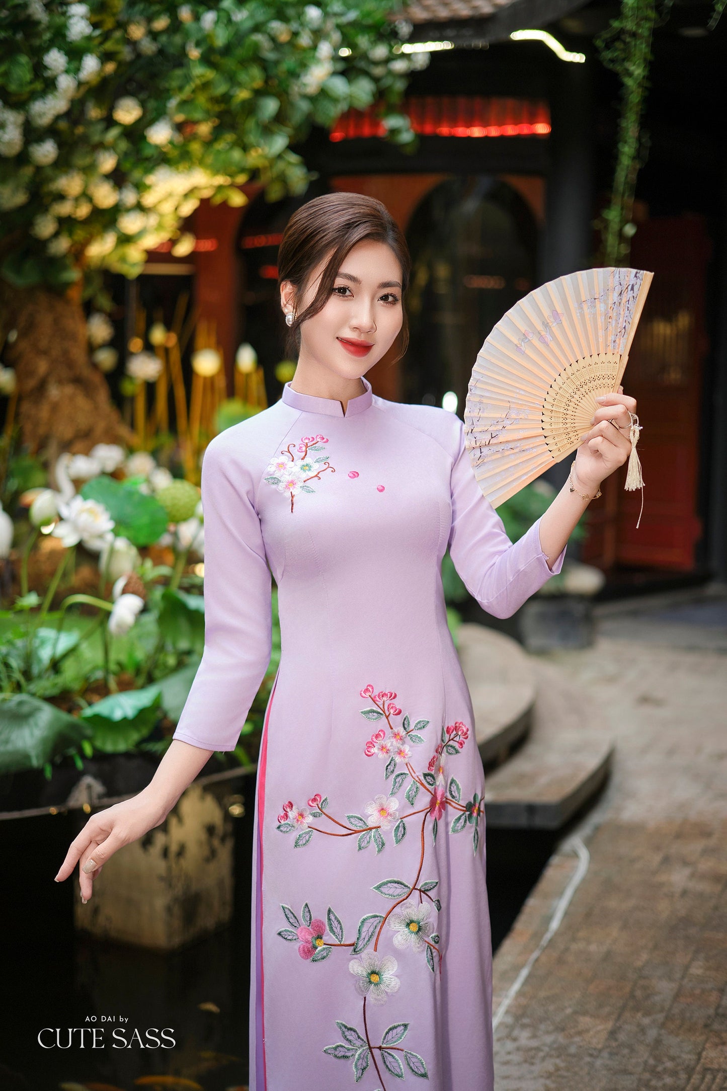 Purple Branches Silk Embroidery Ao Dai Set