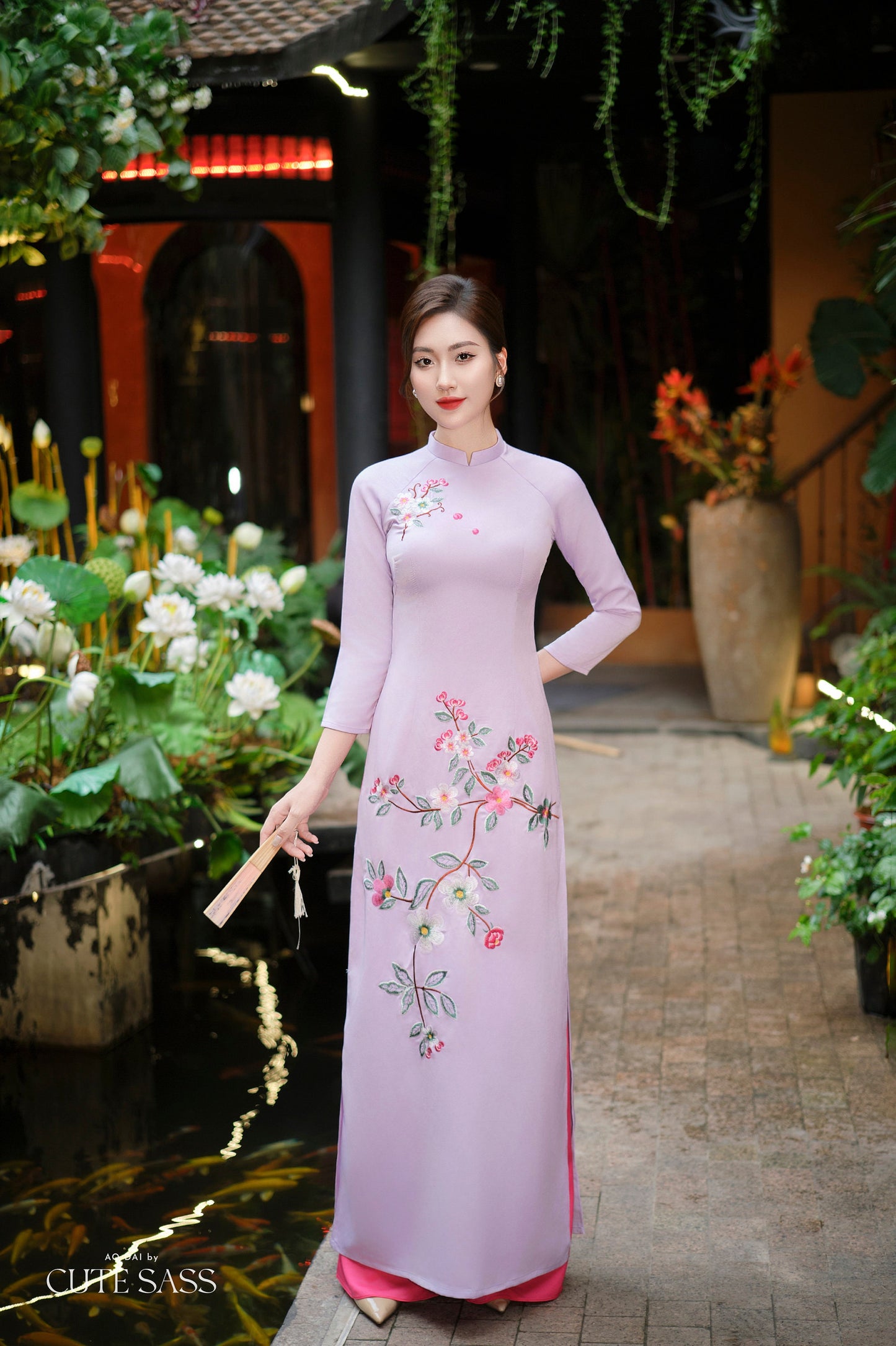 Purple Branches Silk Embroidery Ao Dai Set