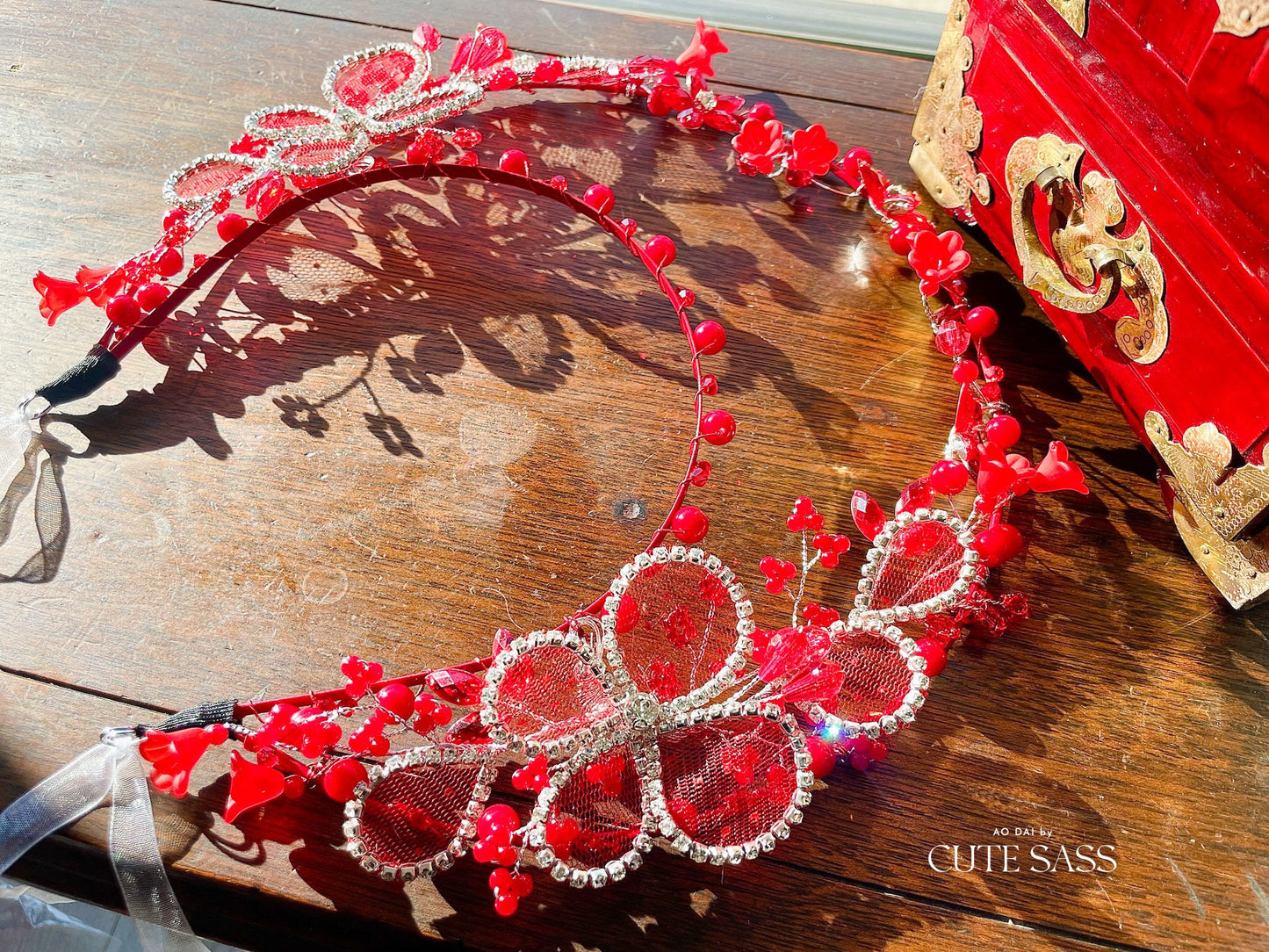 LUNA FLORA Red Jeweled Butterflies Head Piece #2| Vietnamese Ao Dai Accessories| Wedding Ao Dai | Bridal Ao Dai| Tet Lunar New Year Headband