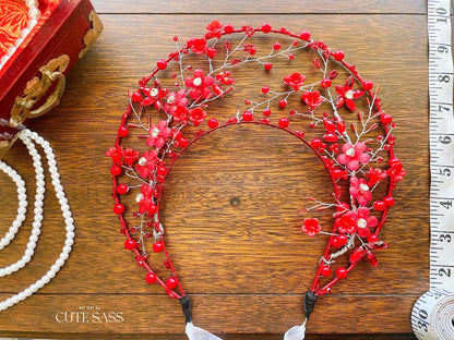 LUNA FLORA Red Sakura Garden Head Piece #3 | Vietnamese Ao Dai Accessories | Wedding Ao Dai | Bridal Ao Dai| Tet Lunar New Year Headband