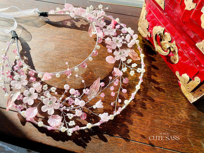 LUNA FLORA Pink Sakura Garden Head Piece #3 | Vietnamese Ao Dai Accessories | Wedding Ao Dai | Bridal Ao Dai| Tet Lunar New Year Headband