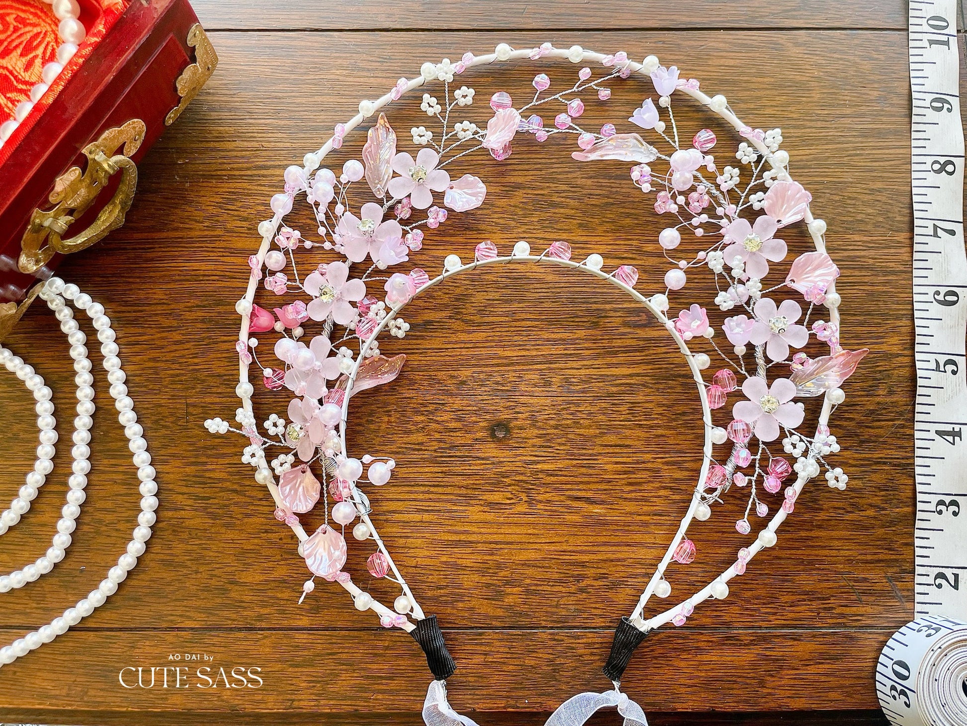 LUNA FLORA Pink Sakura Garden Head Piece #3 | Vietnamese Ao Dai Accessories | Wedding Ao Dai | Bridal Ao Dai| Tet Lunar New Year Headband