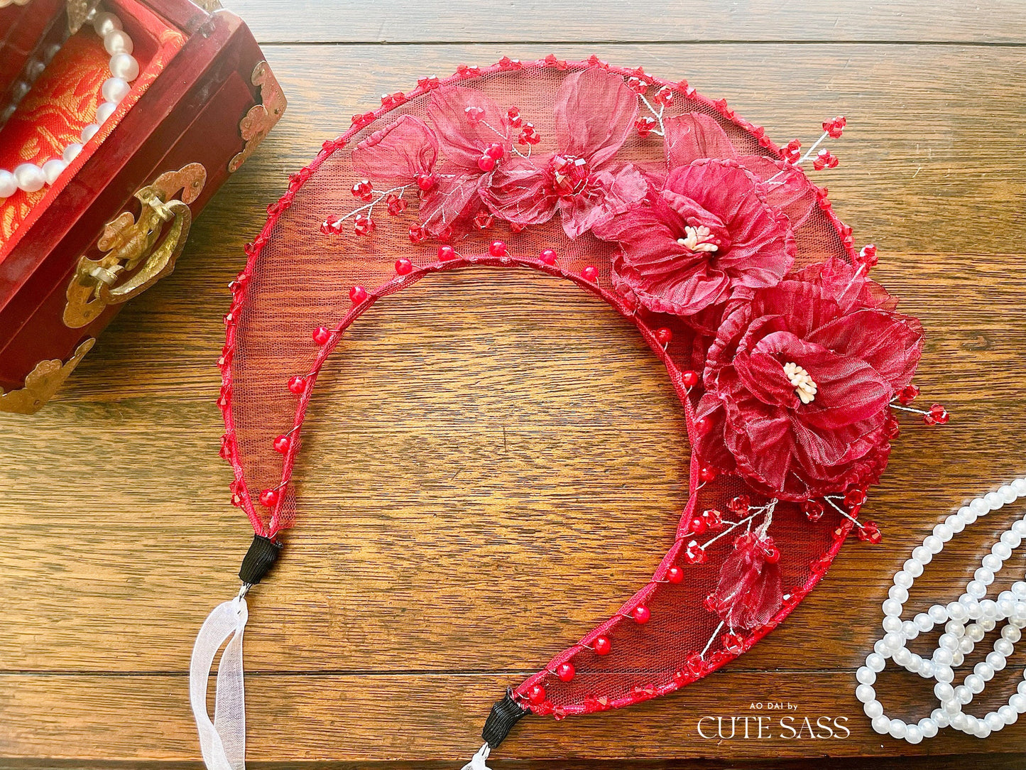 LUNA FLORA Maroon Peony Feather Head Piece #4 | Vietnamese Ao Dai Accessories | Wedding Ao Dai | Bridal Ao Dai| Tet Lunar New Year Headband