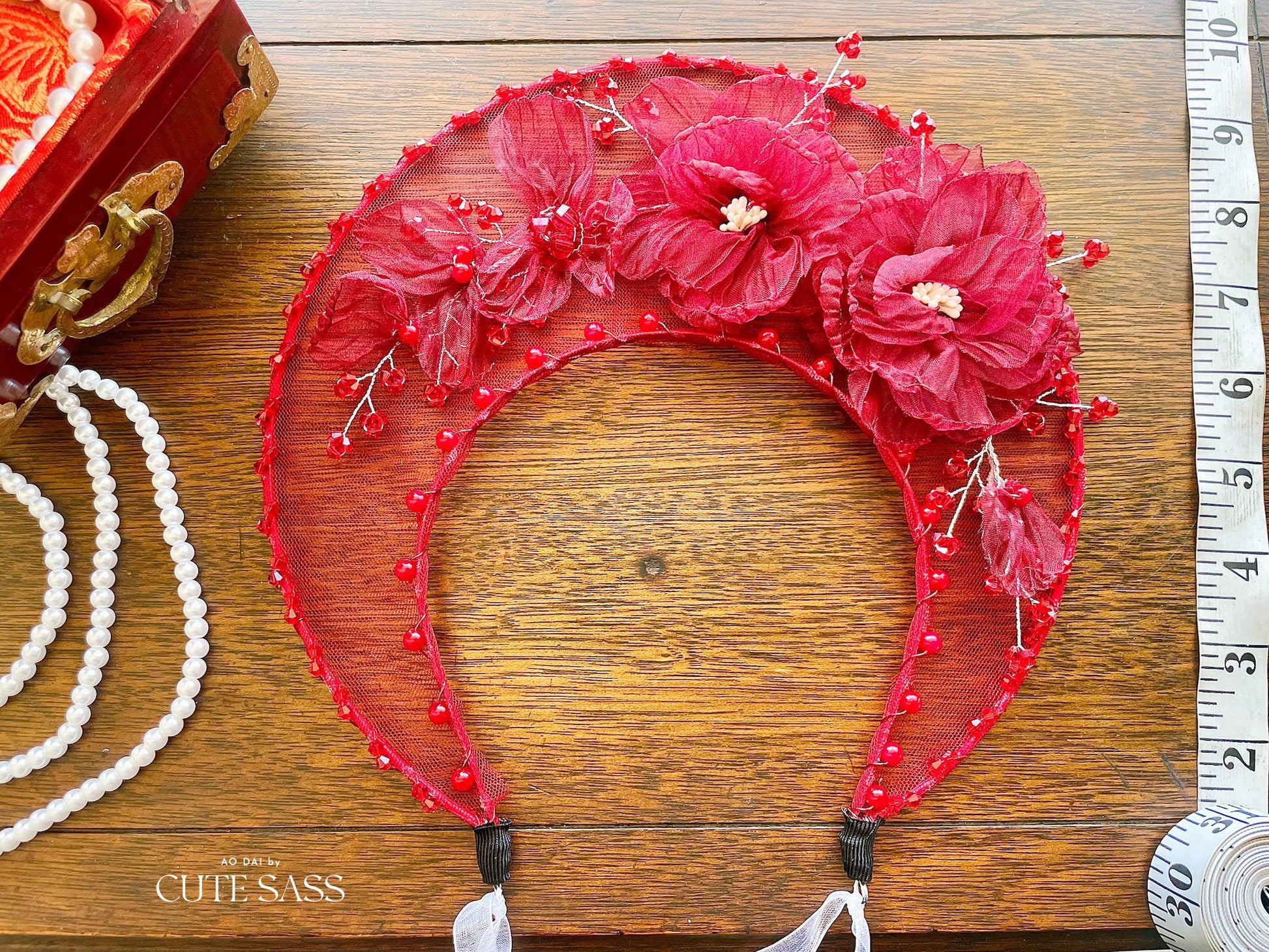 LUNA FLORA Maroon Peony Feather Head Piece #4 | Vietnamese Ao Dai Accessories | Wedding Ao Dai | Bridal Ao Dai| Tet Lunar New Year Headband