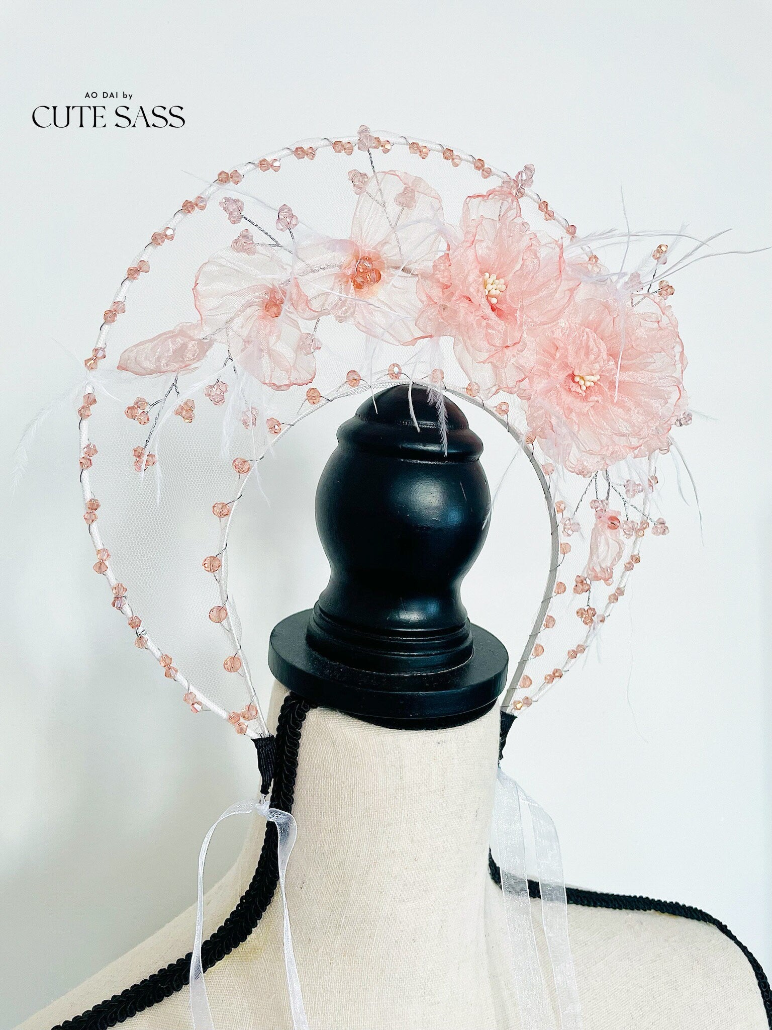 LUNA FLORA Peach Peony Feather Head Piece #4 | Vietnamese Ao Dai Accessories | Wedding Ao Dai | Bridal Ao Dai| Tet Lunar New Year Headband