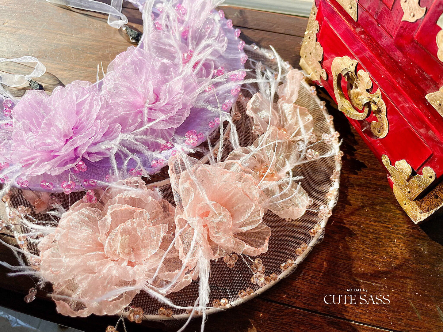 LUNA FLORA Peach Peony Feather Head Piece #4 | Vietnamese Ao Dai Accessories | Wedding Ao Dai | Bridal Ao Dai| Tet Lunar New Year Headband