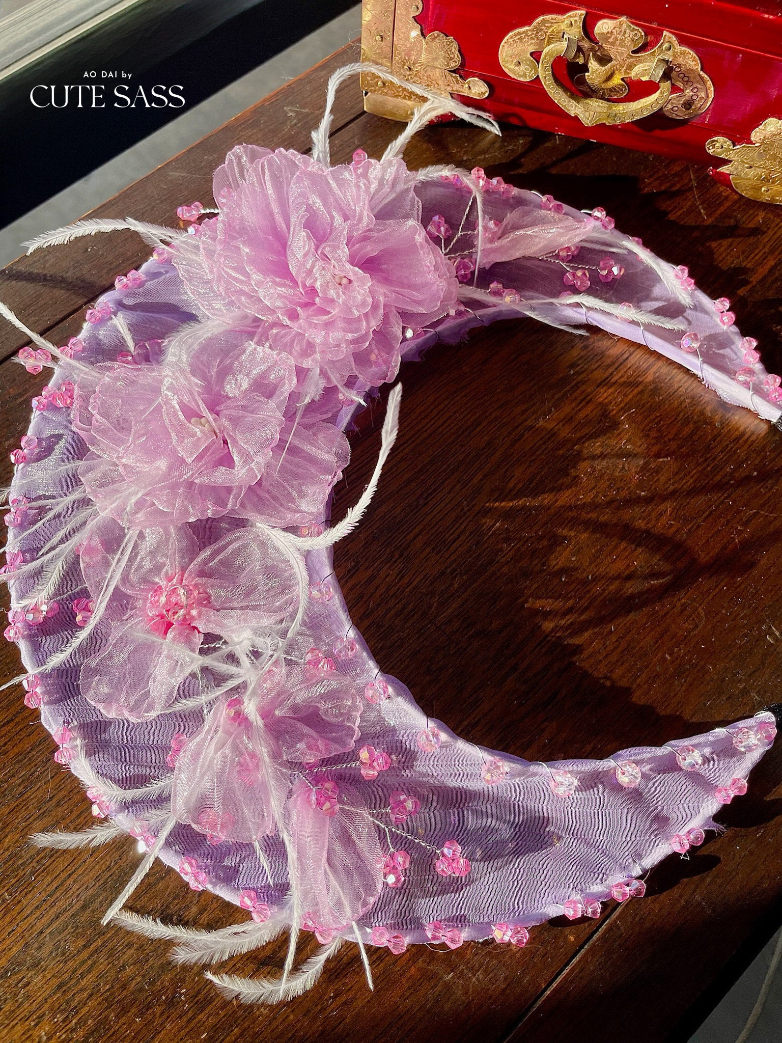 LUNA FLORA Lavender Peony Feather Head Piece #4| Vietnamese Ao Dai Accessories | Wedding Ao Dai | Bridal Ao Dai| Tet Lunar New Year Headband