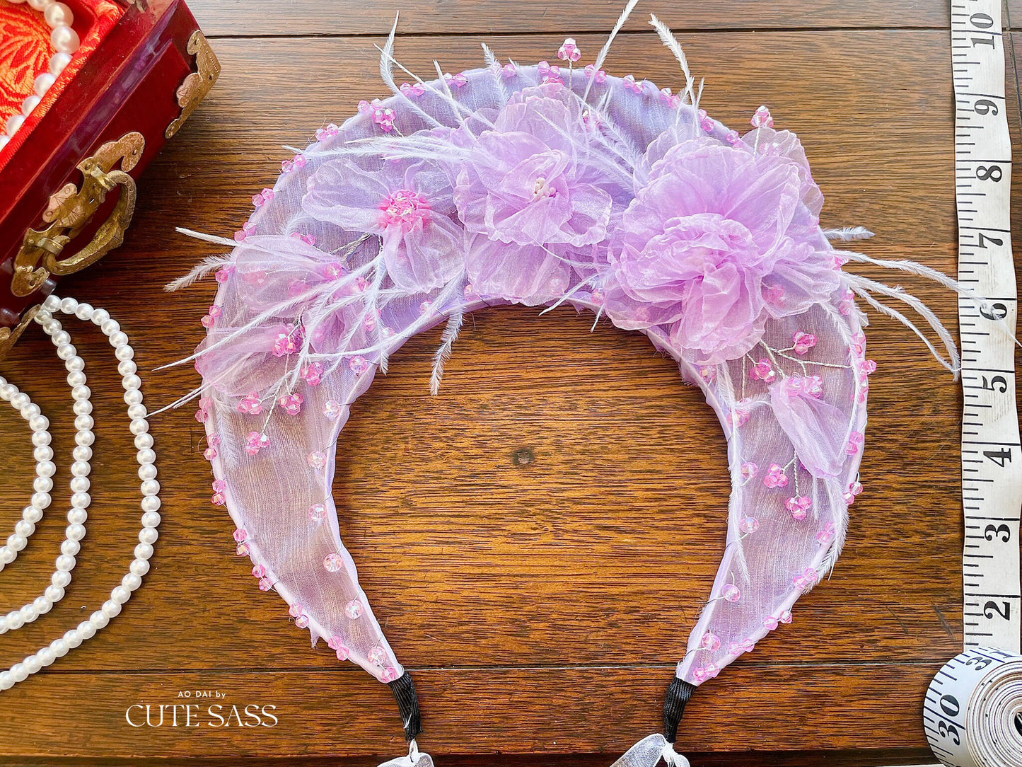 LUNA FLORA Lavender Peony Feather Head Piece #4| Vietnamese Ao Dai Accessories | Wedding Ao Dai | Bridal Ao Dai| Tet Lunar New Year Headband