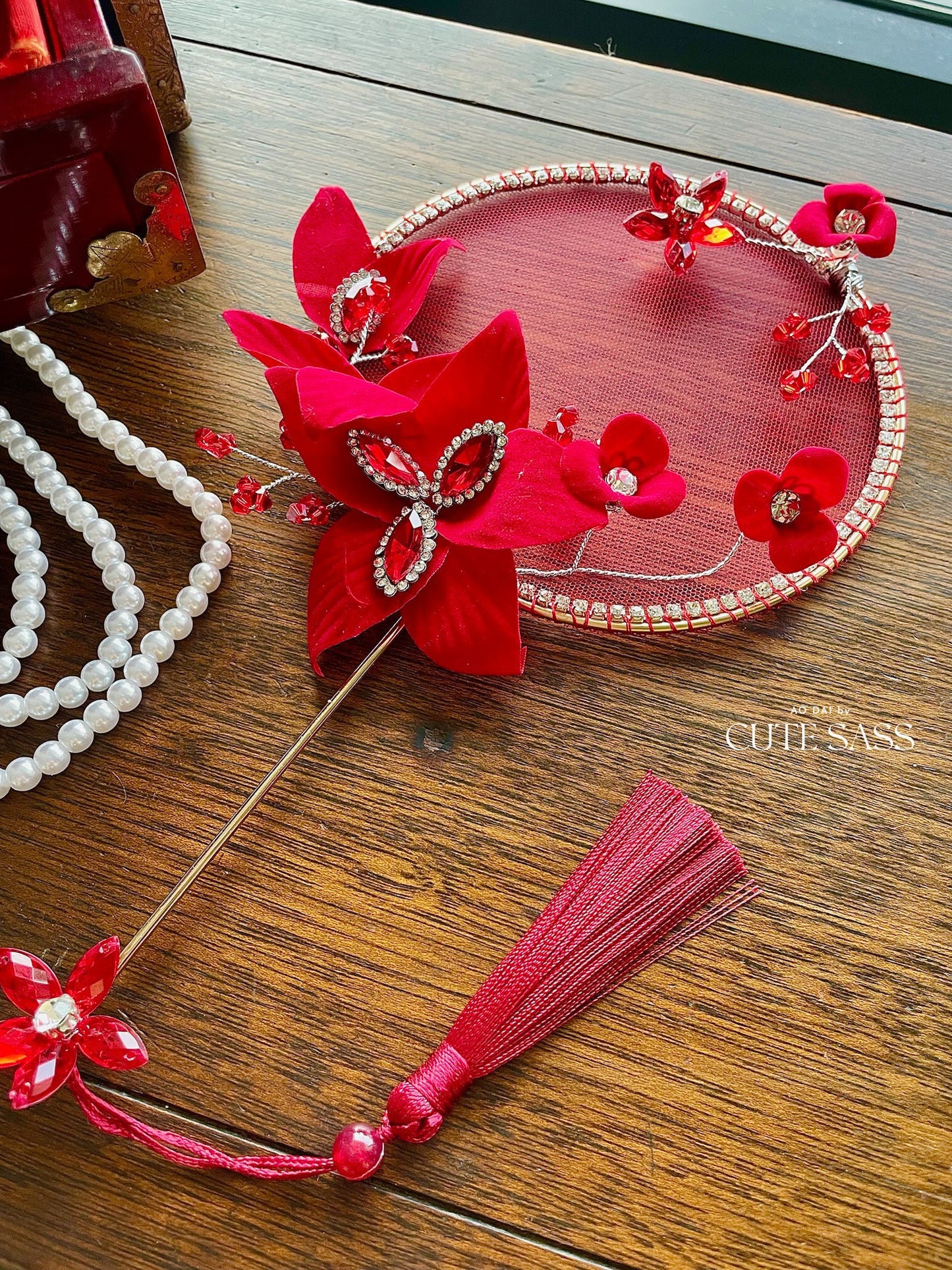 LUNA FLORA Red Jeweled Flowers Mini Fan #3| Ao Dai and Wedding Accessories | Golden Fan Accessory