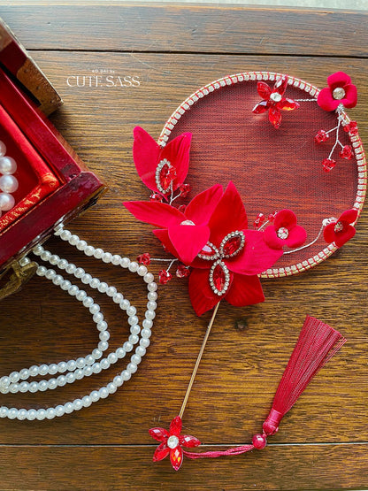 LUNA FLORA Red Jeweled Flowers Mini Fan #3| Ao Dai and Wedding Accessories | Golden Fan Accessory