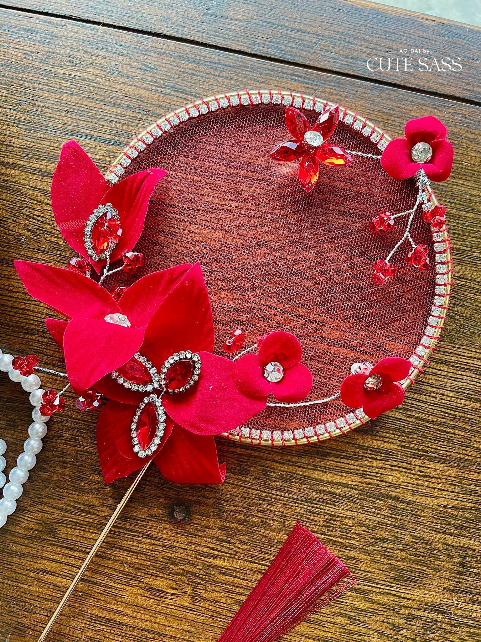 LUNA FLORA Red Jeweled Flowers Mini Fan #3| Ao Dai and Wedding Accessories | Golden Fan Accessory