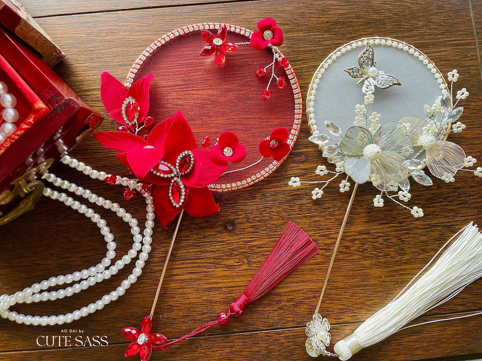 LUNA FLORA Red Jeweled Flowers Mini Fan #3| Ao Dai and Wedding Accessories | Golden Fan Accessory